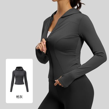 A Hooded Slim Yoga Jacket Stretch Skinny Windproof Running Cycling Sports Jacket