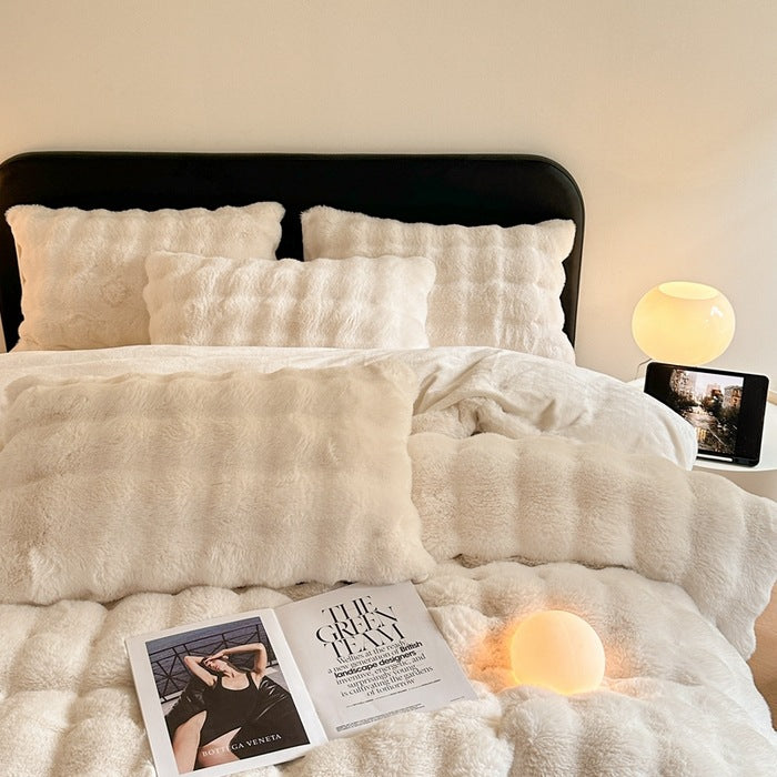 Class A 400 high gram weight light luxury sense of luxury winter thickened rabbit rabbit down four-piece set milk velvet warm quilt cover solid color 4.0kg - Mixbatch