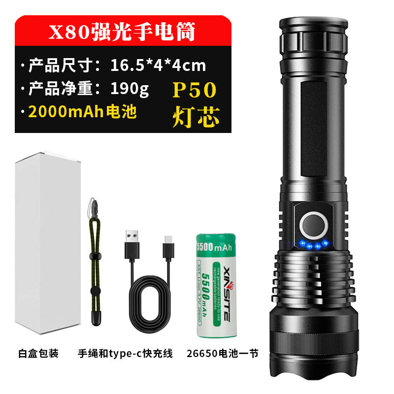 A USB flashlight Outdoor aluminum alloy strong light flashlight, new power display flashlight