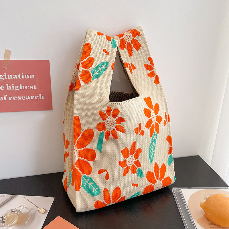 A Internet celebrity handbag women's knitted wool bucket bag Japanese and Korean version versatile hand carry casual tote bag box lunch bag y