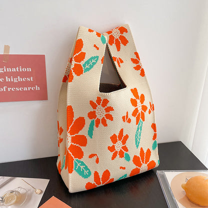 A Internet celebrity handbag women's knitted wool bucket bag Japanese and Korean version versatile hand carry casual tote bag box lunch bag y