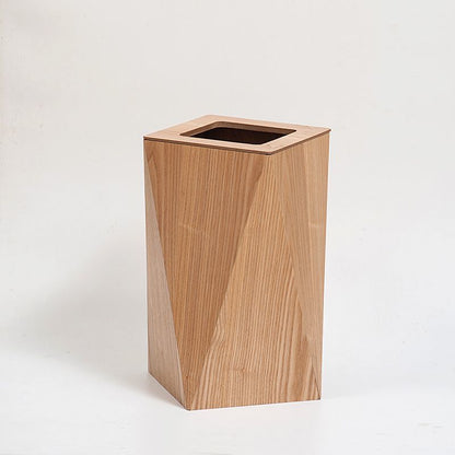 A wooden trash can