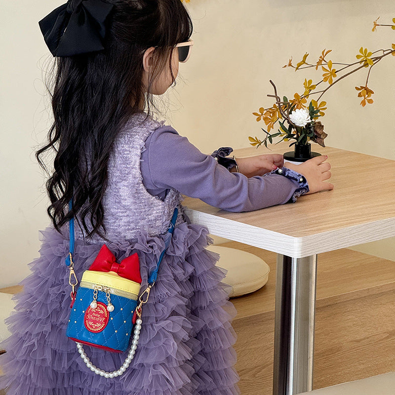 A  children's bag bow bucket bag foreign style girl pearl chain shoulder bag - Mixbatch