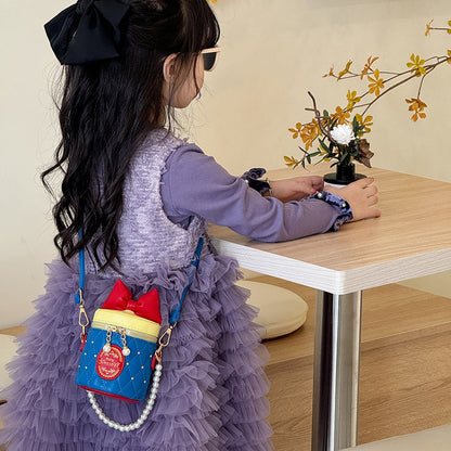 A  children's bag bow bucket bag foreign style girl pearl chain shoulder bag - Mixbatch