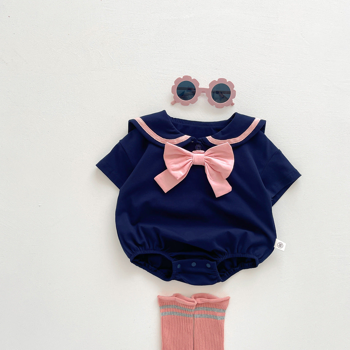 A baby summer new girl baby western-style college wind lapel bow Harbin clothes newborn triangle climbing suit - Mixbatch