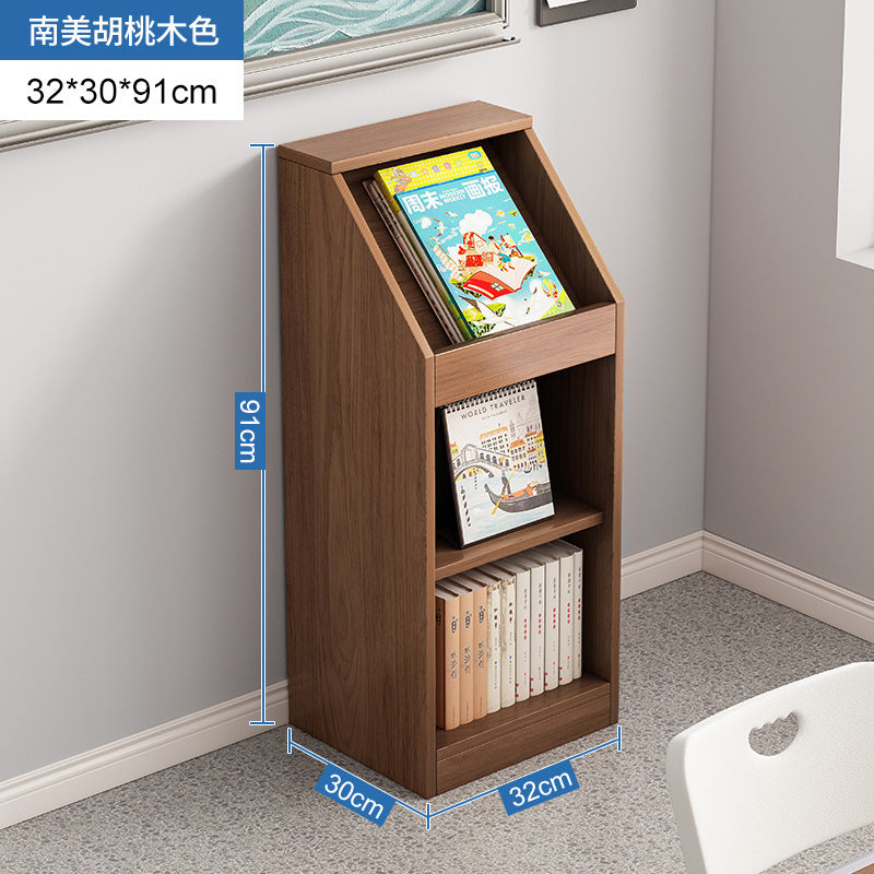 A school classroom bookshelf and storage cabinet