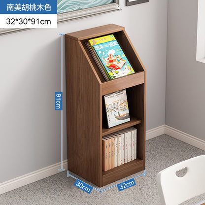 A school classroom bookshelf and storage cabinet