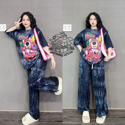A tie-dye fashion suit women's summer loose cartoon print short-sleeved wide-leg pants casual two-piece set trendy