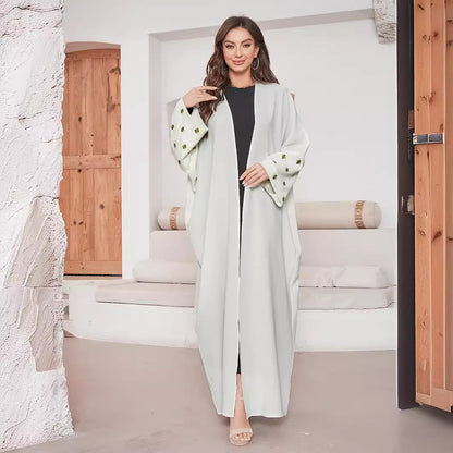 Middle Eastern Muslim Embroidered Clover Fashion Cardigan Dress Robe White Dress Bat Sleeve - Mixbatch