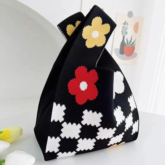 A Internet celebrity handbag women's knitted wool bucket bag Japanese and Korean version versatile hand carry casual tote bag box lunch bag y