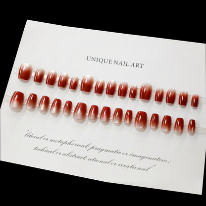 A-020 [30 pieces] Autumn and winter advanced white short red gradual change cat's eye nail sticker wearing nail New Year's beauty - Mixbatch