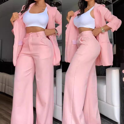 A women's temperament elegant solid color split sleeve lapel suit pocket straight pants suit