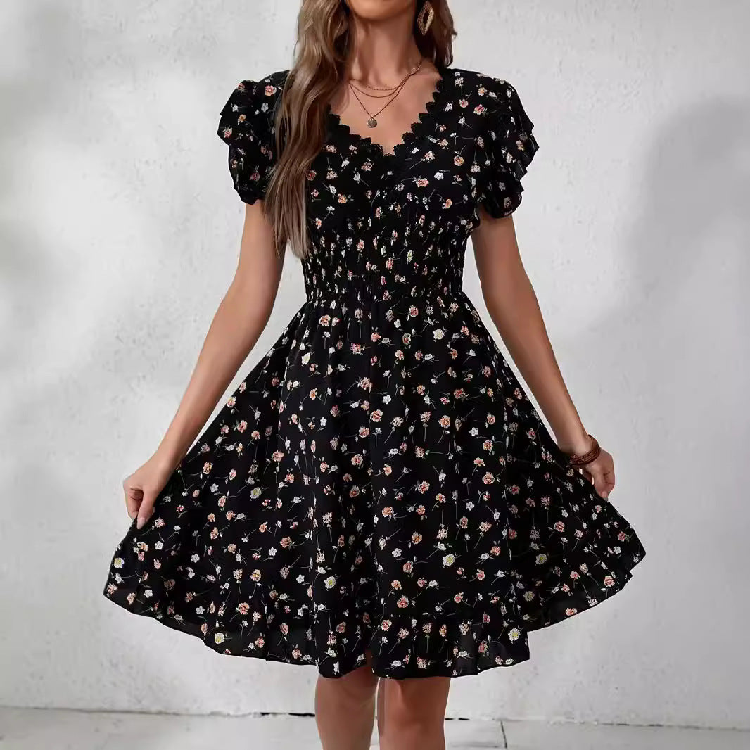 A lace V-neck elegant fashion flower print dress