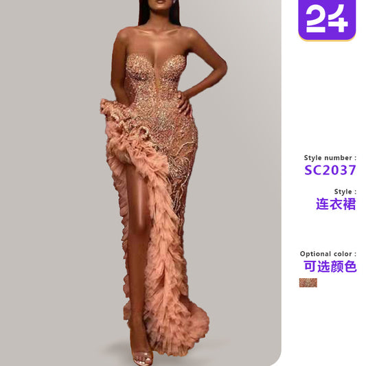 A summer new European and American women's clothing Amazon dress fringed tail sexy gold tube top evening dress