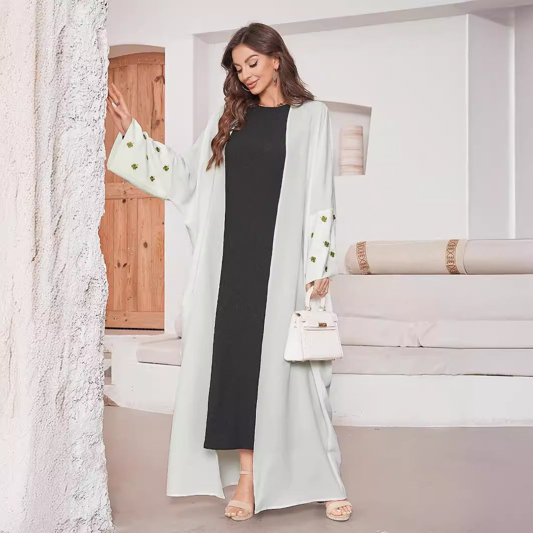 Middle Eastern Muslim Embroidered Clover Fashion Cardigan Dress Robe White Dress Bat Sleeve - Mixbatch