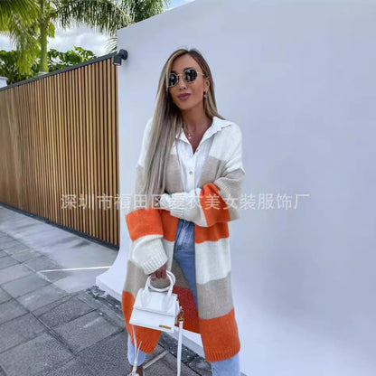 A multi-colored striped sweater loose long knitted cardigan jacket