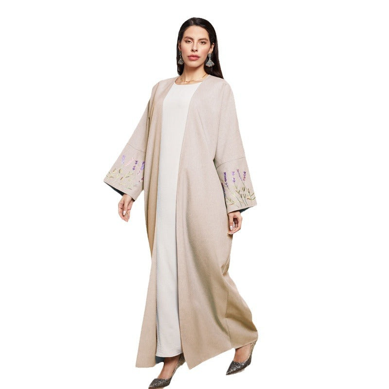 New long dress Middle Eastern Muslim clothing fashionable and elegant embroidered flower cardigan imitation hemp dress robe - Mixbatch