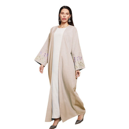 New long dress Middle Eastern Muslim clothing fashionable and elegant embroidered flower cardigan imitation hemp dress robe - Mixbatch