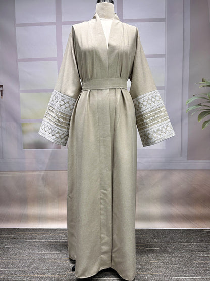 Middle Eastern Muslim Fashion Elegant Cardigan Embroidered Belt Dress Pocket Robe - Mixbatch