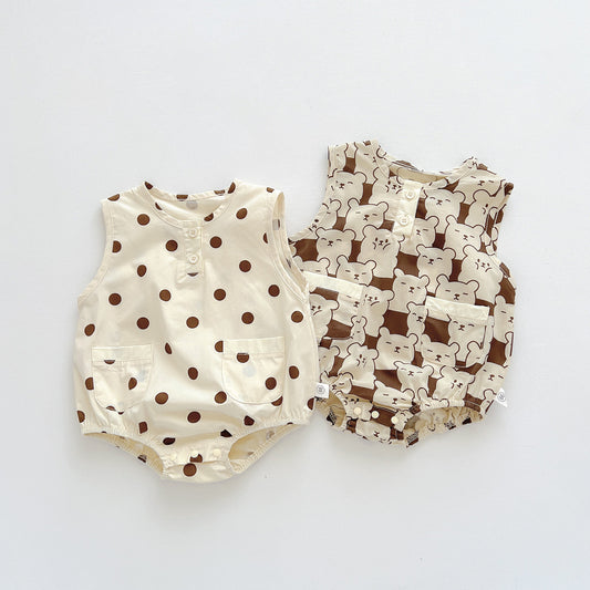 A Korean version of children's clothing, summer thin baby sleeveless bag, buttocks, ins newborn baby polka dot teddy bear all in one climbing suit - Mixbatch