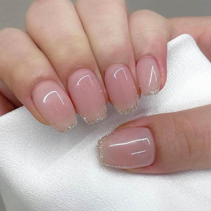 A short glossy oval glitter French wearing manicure, simple temperament versatile ins gentle wearing armor 24 pieces - Mixbatch
