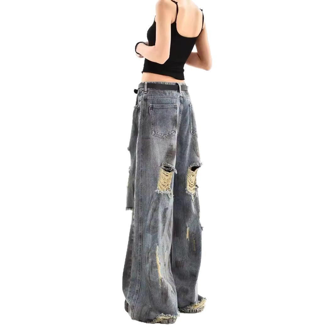 A old retro ripped jeans women's summer new American loose drape wide leg pants tide