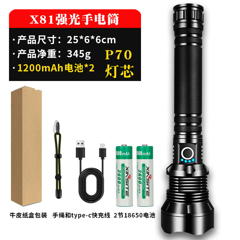 A USB flashlight Outdoor aluminum alloy strong light flashlight, new power display flashlight