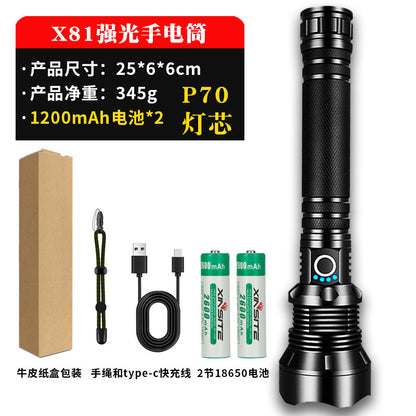 A USB flashlight Outdoor aluminum alloy strong light flashlight, new power display flashlight