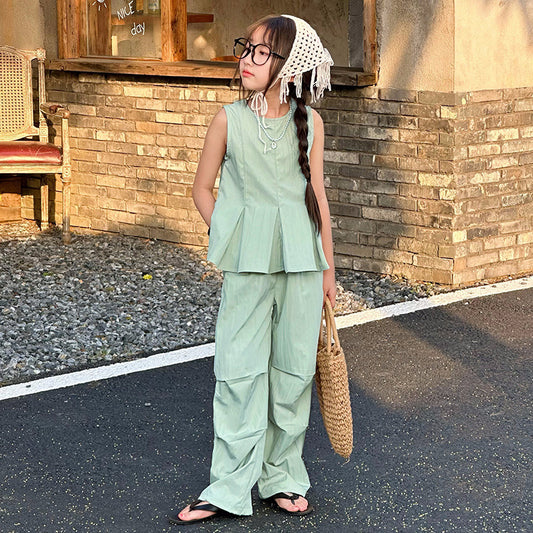 A year summer new suit middle and older children sleeveless thin vest Korean version top wide leg pants