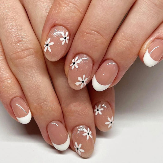 A short glossy square armor European and American cross-border foreign trade new spring and summer style fresh and simple white flowers 24 pieces - Mixbatch