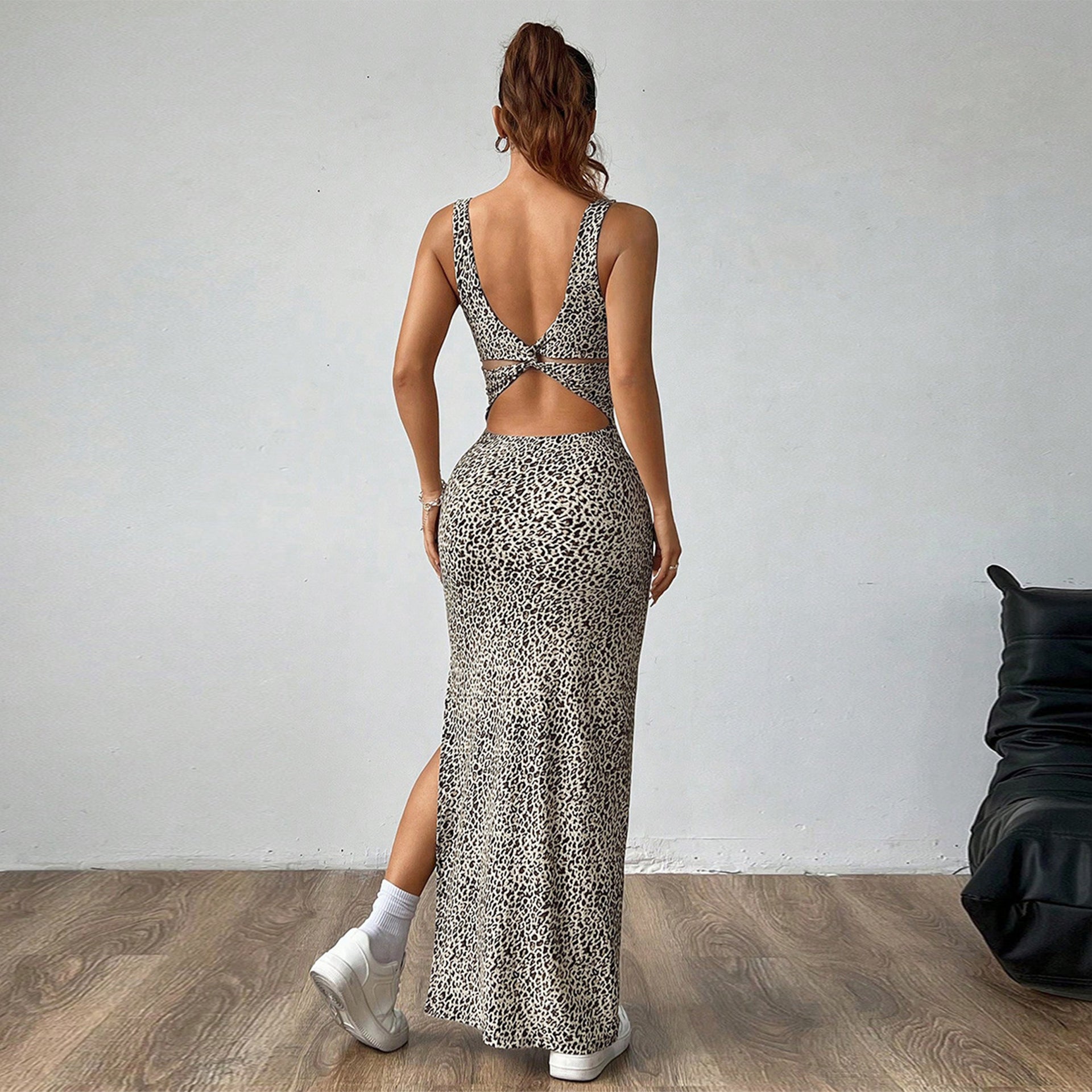 W290DS European and American cross-border 2025 spring new square collar strap leopard print backless kink high split dress women - Mixbatch