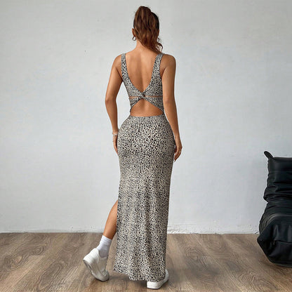 W290DS European and American cross-border 2025 spring new square collar strap leopard print backless kink high split dress women - Mixbatch