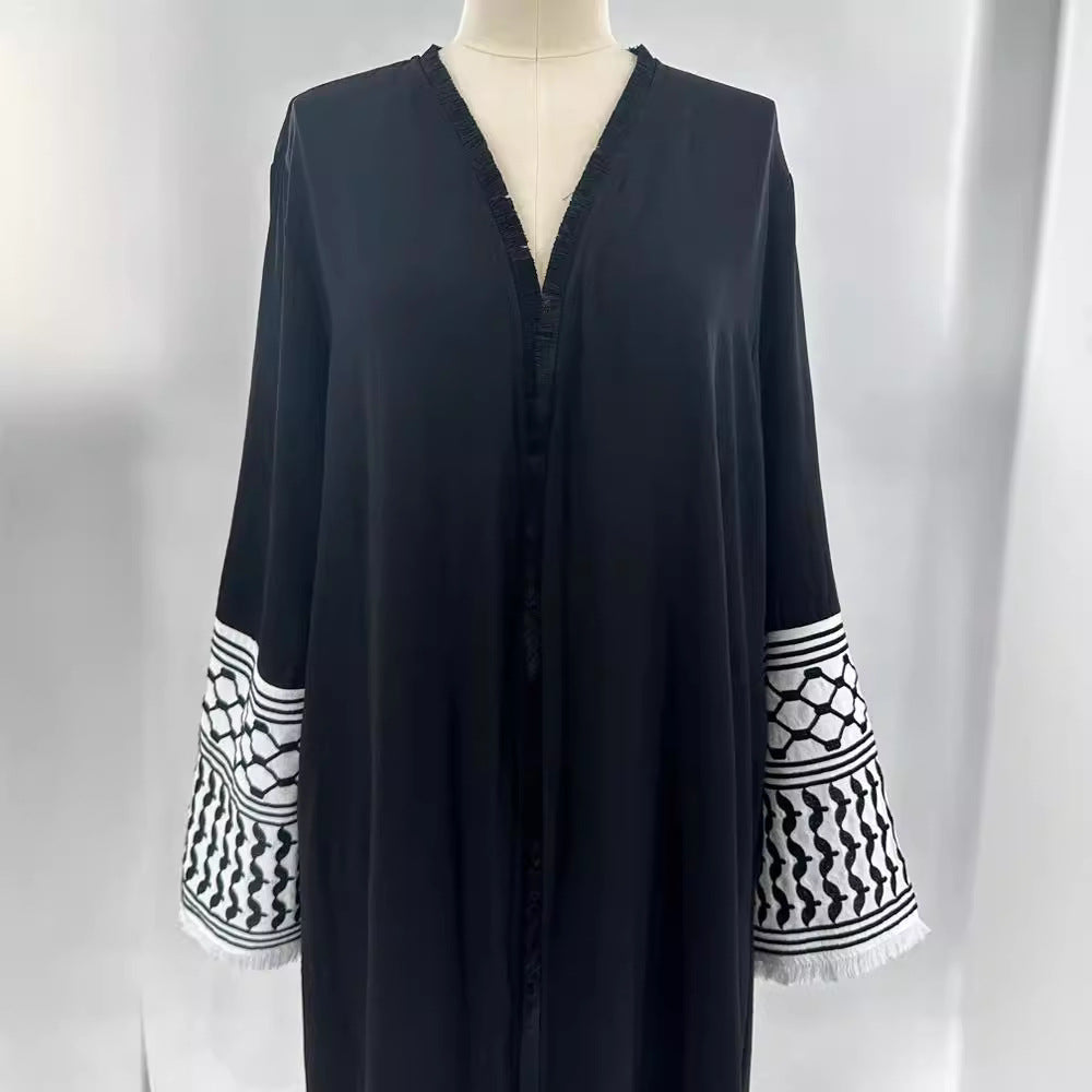 Middle Eastern Muslim Clothing Fashion Elegant Pocket Cardigan Embroidery Contrast Color Black and White Dress Robe - Mixbatch