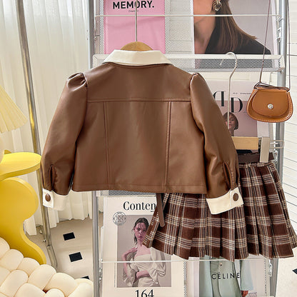 A children's leather jacket skirt set