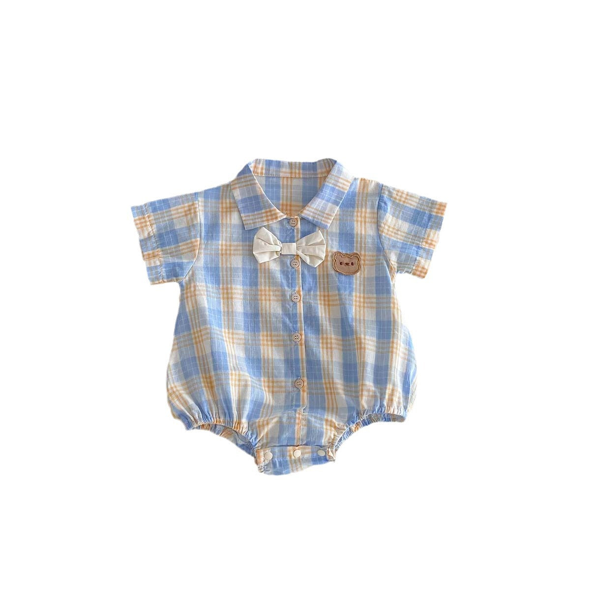 A 2024 Baby Boys Sweetheart Summer Baby Clothing Cute Little Bear Checkered Short Sleeves One Piece Pack Fart Sweetheart Siblings - Mixbatch