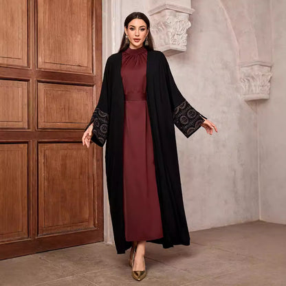 Middle Eastern Muslim Fashion Temperament Elegant Embroidered Cardigan Dubai Arabian Robe Bat Sleeve Split Black - Mixbatch