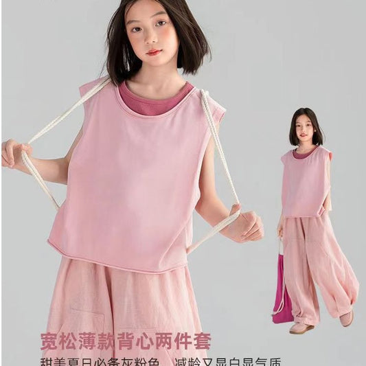 A girls sleeveless vest summer new dopamine solid color loose fashion base two-piece combination top