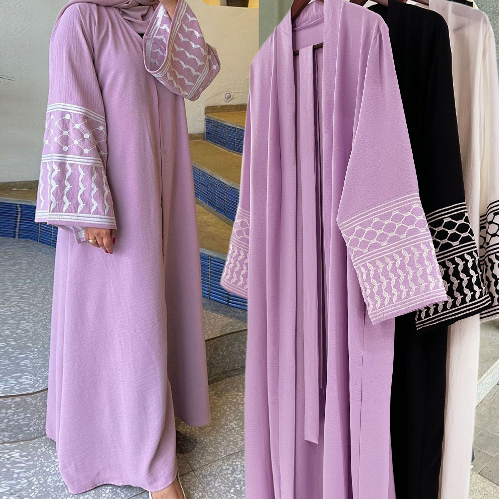 Embroidered Middle Eastern Muslim Clothing Fashion Elegant Pocket Cardigan Lace-Up Dress Robe - Mixbatch