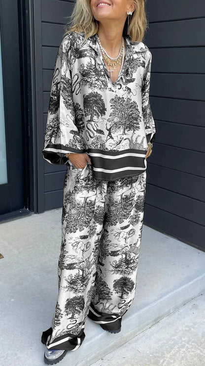 A Cross-border independent station fashionista V-neck printed long-sleeved pocket casual women's suit