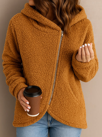 A long-sleeved zip-up hooded jacket