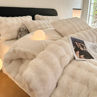 Class A 400 high gram weight light luxury sense of luxury winter thickened rabbit rabbit down four-piece set milk velvet warm quilt cover solid color 4.0kg - Mixbatch