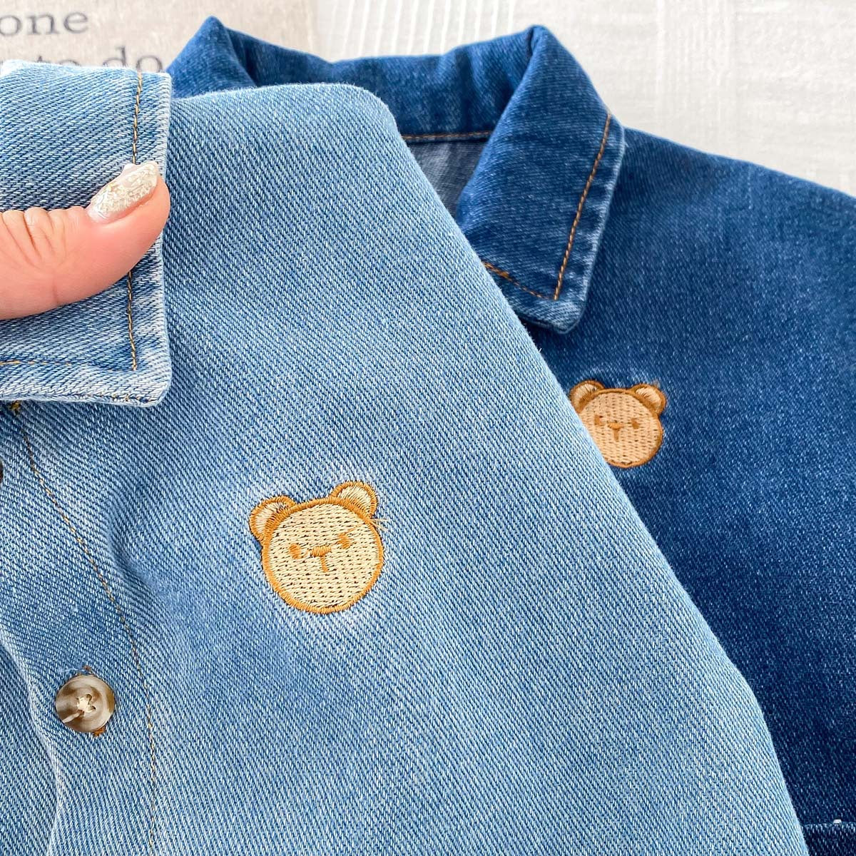 A baby spring and autumn denim jumpsuit for boys and girls, cartoon teddy bear with open buckle, long crawling clothes for newborns - Mixbatch