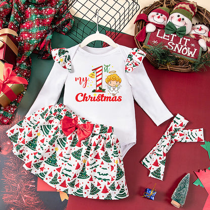 A Christmas children's long-sleeved skirt three-piece set