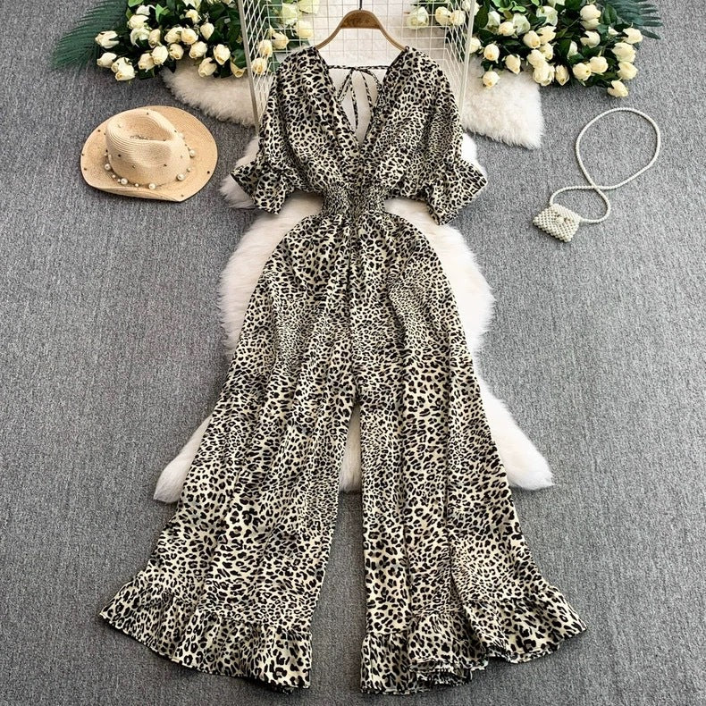 A European and American style sexy V-neck short-sleeved waist and thin leopard print jumpsuit temperament ruffle edge wide-leg pants