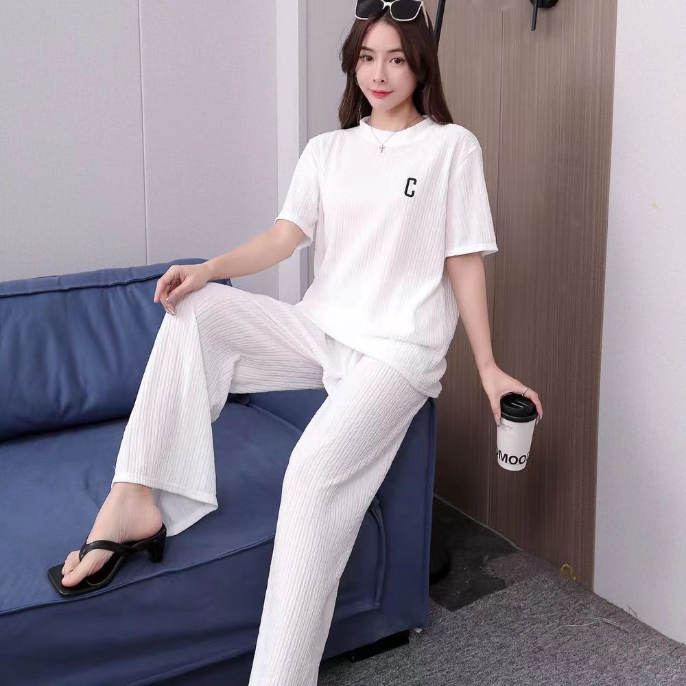 A suit women's spring summer letter embroidery thin ice silk loungewear suit casual loose trousers two-piece set