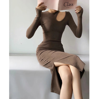 Spring tight sexy hollow off-the-shoulder split-ended long dress women's elastic slim-fit solid-color hip-wrapped dress - Mixbatch