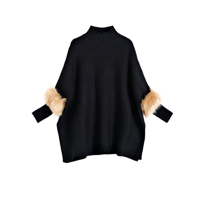 A turtleneck pullover cape knitted sweater simulation fur fur sleeve sweater large size bottoming shirt jacket women