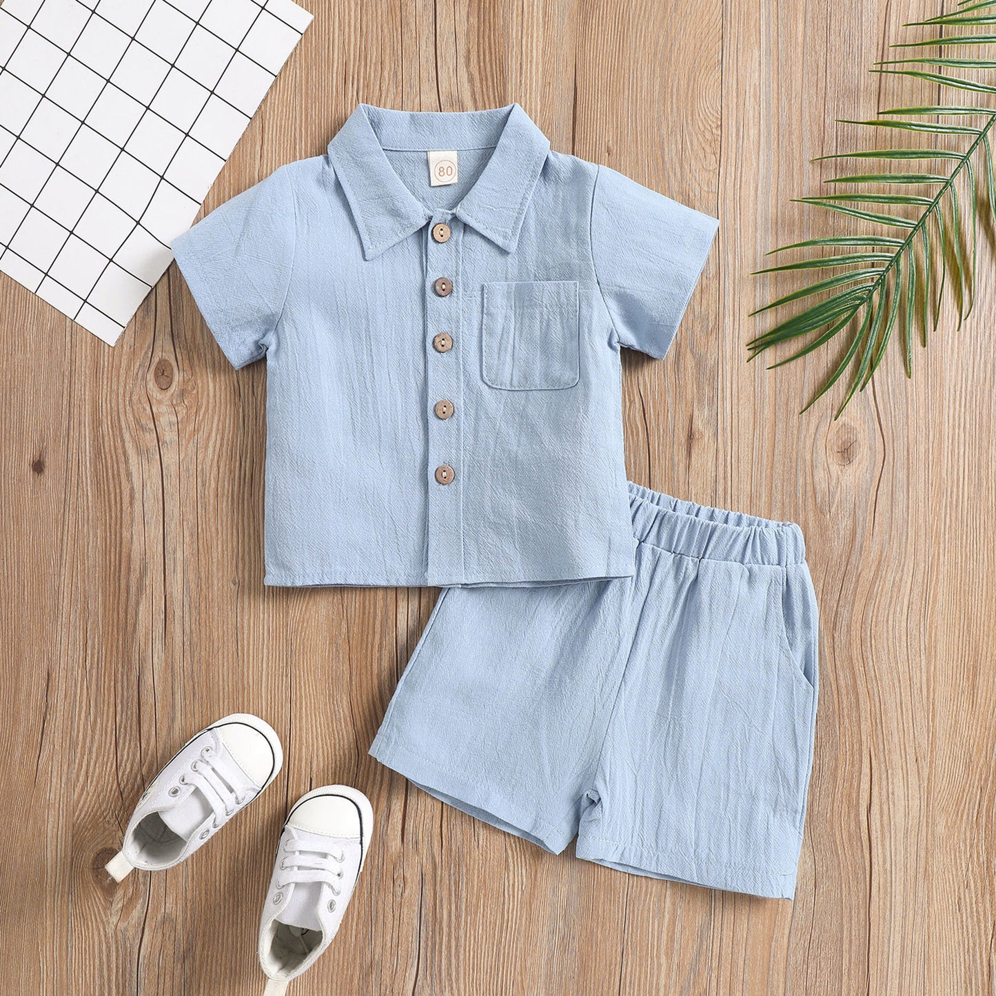A Boys Cotton and Linen Polo Shirt Solid Color Two-piece Set - Mixbatch