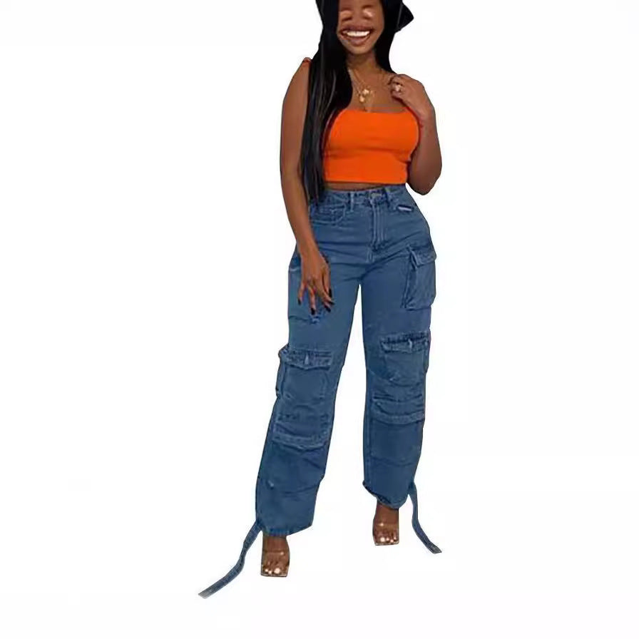 A European and American cross-border jeans, Amazon fashion viral trends multi-pocket large size African jeans overalls
