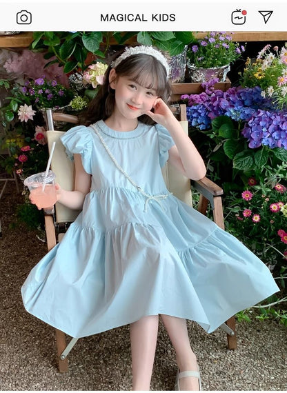 A girls summer Korean bubble sleeve dress new children's foreign style sweet solid color princess dress tide cross-border